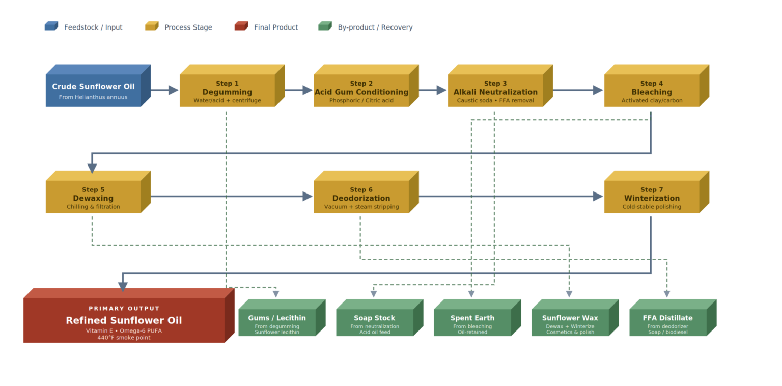Muez Hest Sunflower Oil refining process flow diagram showing crude sunflower oil from Helianthus annuus seeds moving through seven refining stages – Degumming, Acid Gum Conditioning, Alkali Neutralization, Bleaching, Dewaxing, Deodorization and Winterization – producing premium Refined Sunflower Oil rich in Vitamin E and Omega-6 PUFA at 440°F smoke point, with Gums/Lecithin, Soap Stock, Spent Bleaching Earth, Sunflower Wax and FFA Distillate recovered as valuable by-products.